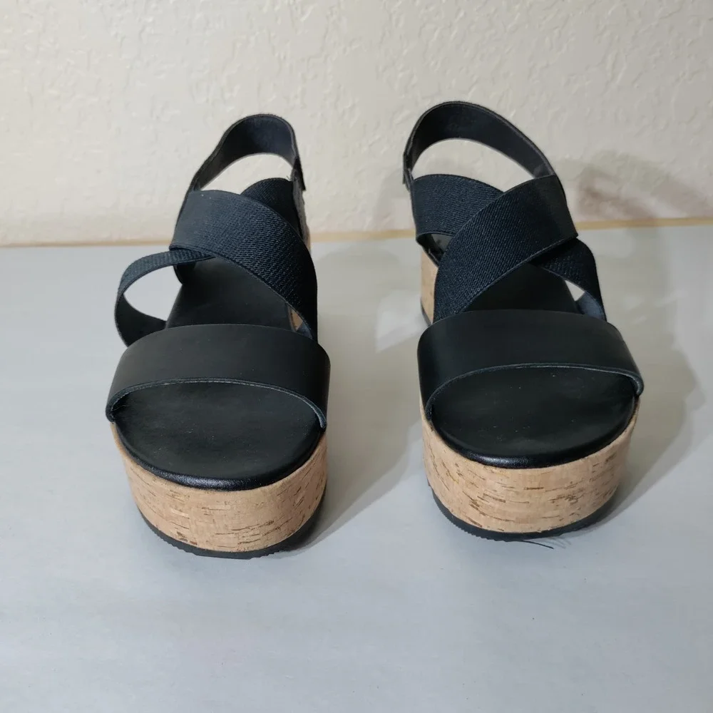 Sorel Cameron Flatform Sandals Black Leather Cork Wedge NL3998-010 Womens 6.5